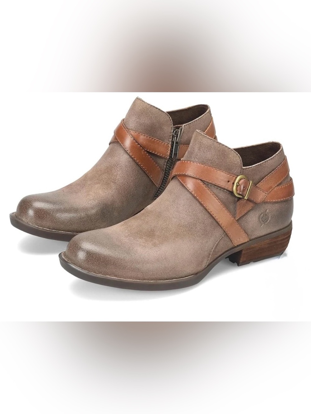 Børn Kelle Distressed Leather Bootie in Taupe w Wraparound Tan Strap Detail 8.5